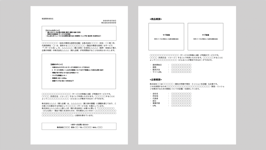 プレスリリース　書き方　テンプレート